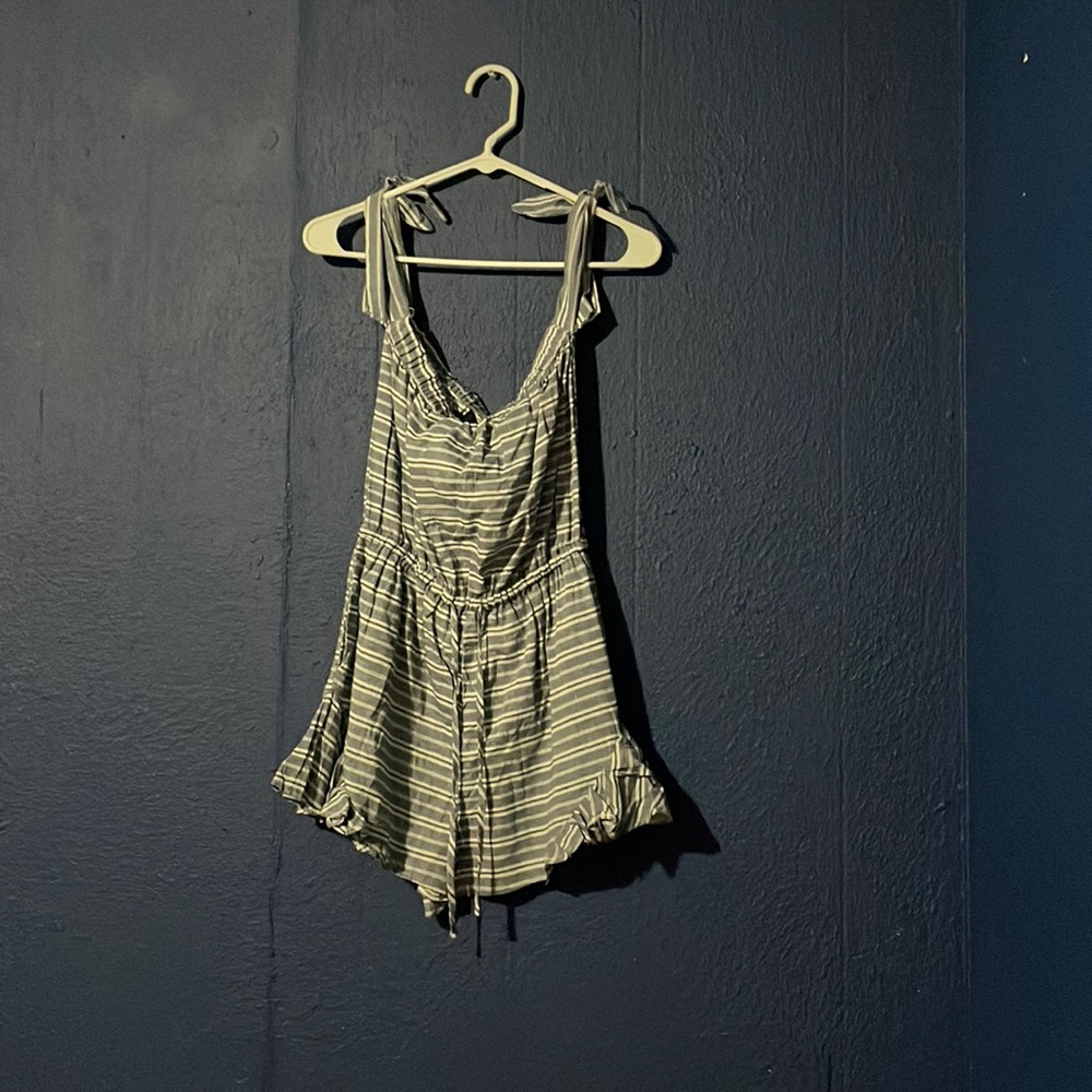 blue and white striped jumpsuit shorts size small